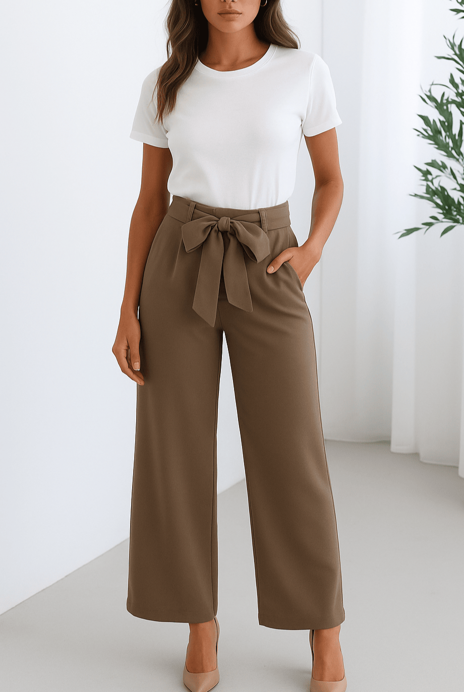 A woman wearing a white short-sleeve t-shirt tucked into high-waisted, wide-leg brown trousers with a waist tie belt, standing in a minimalistic room with light walls and a green plant in the background.