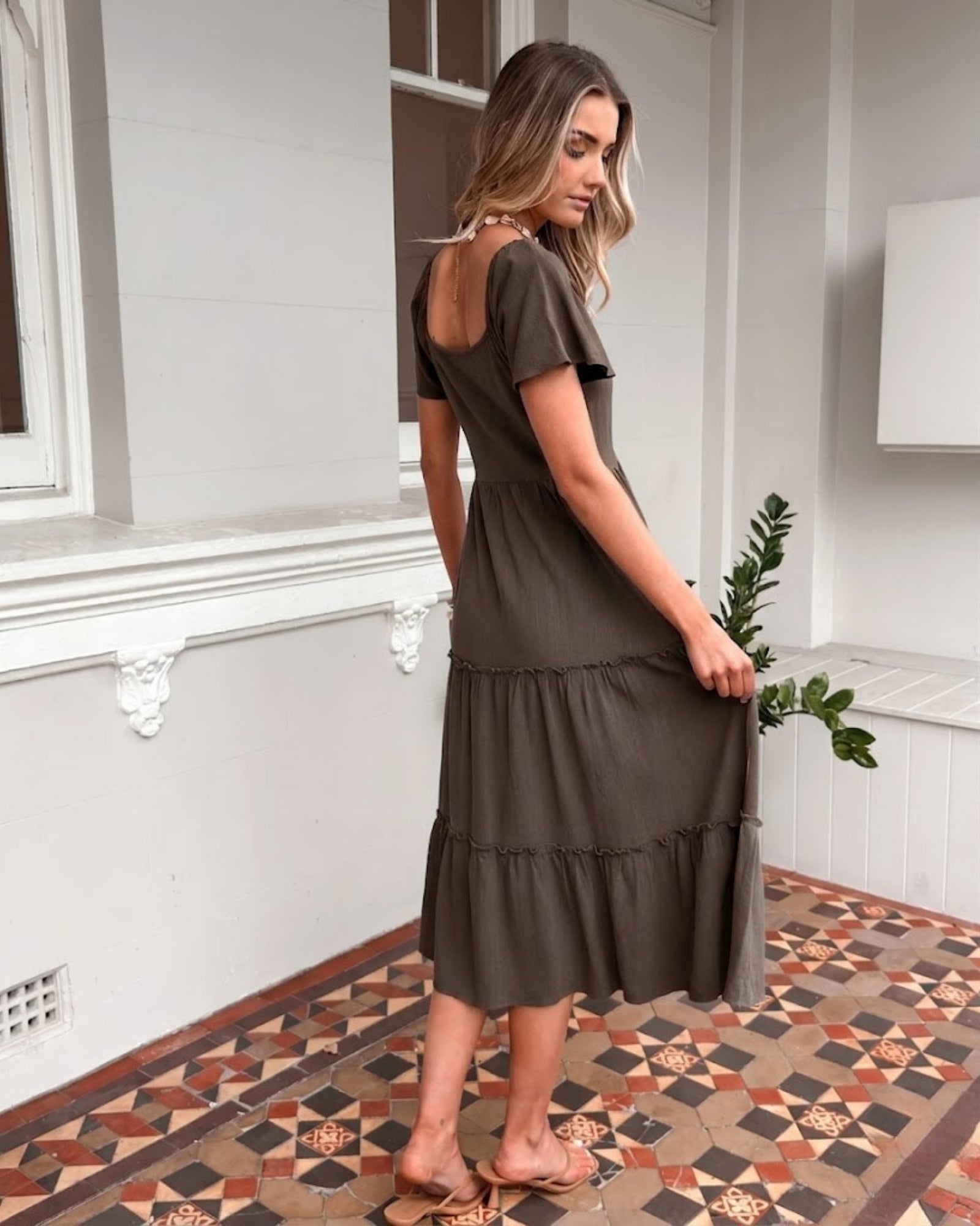 Celie Dress in Cocoa womens cocoa linen midi dress styled outfit