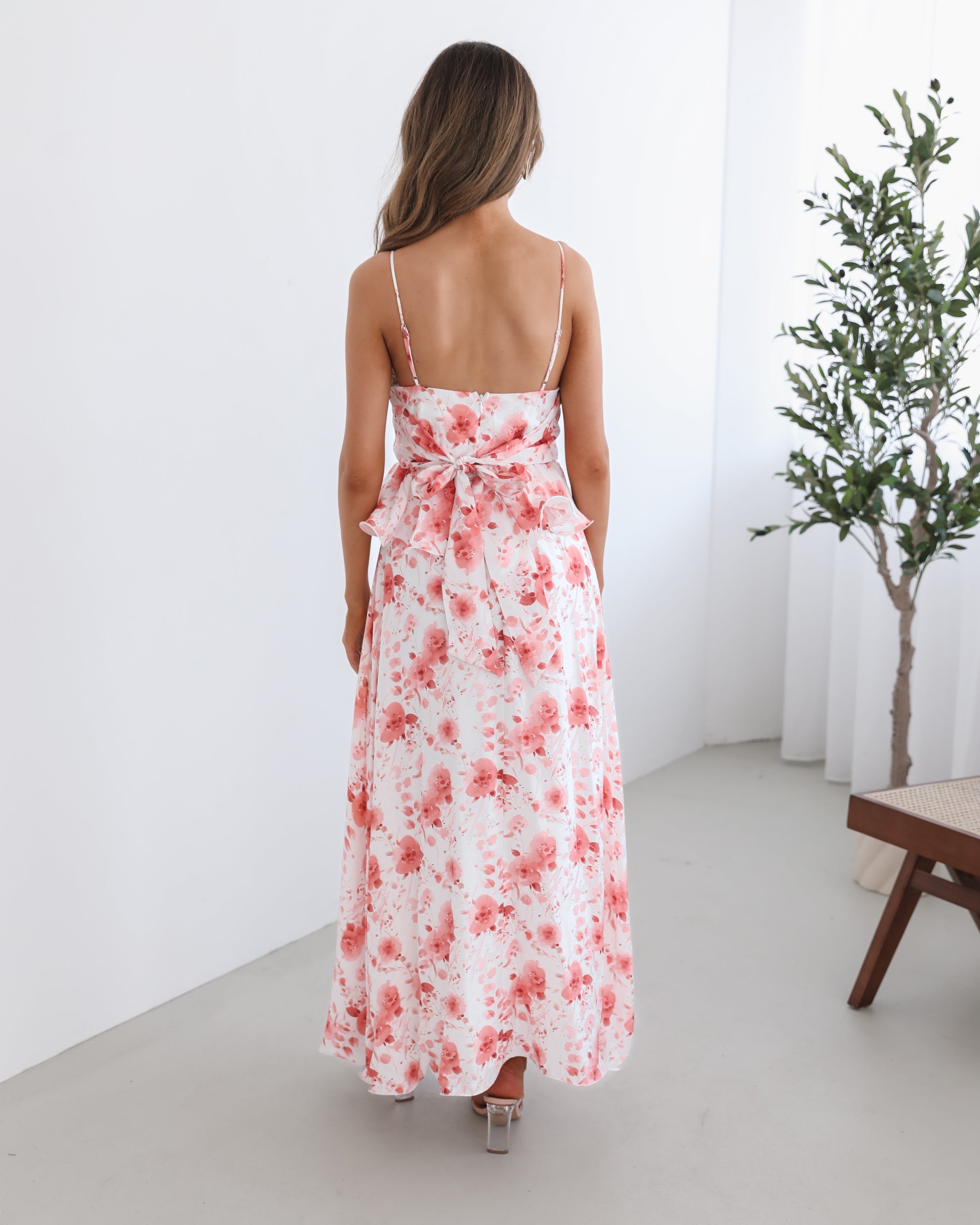 Women's white floral A-line maxi dress with layered bodice by Esther & Co