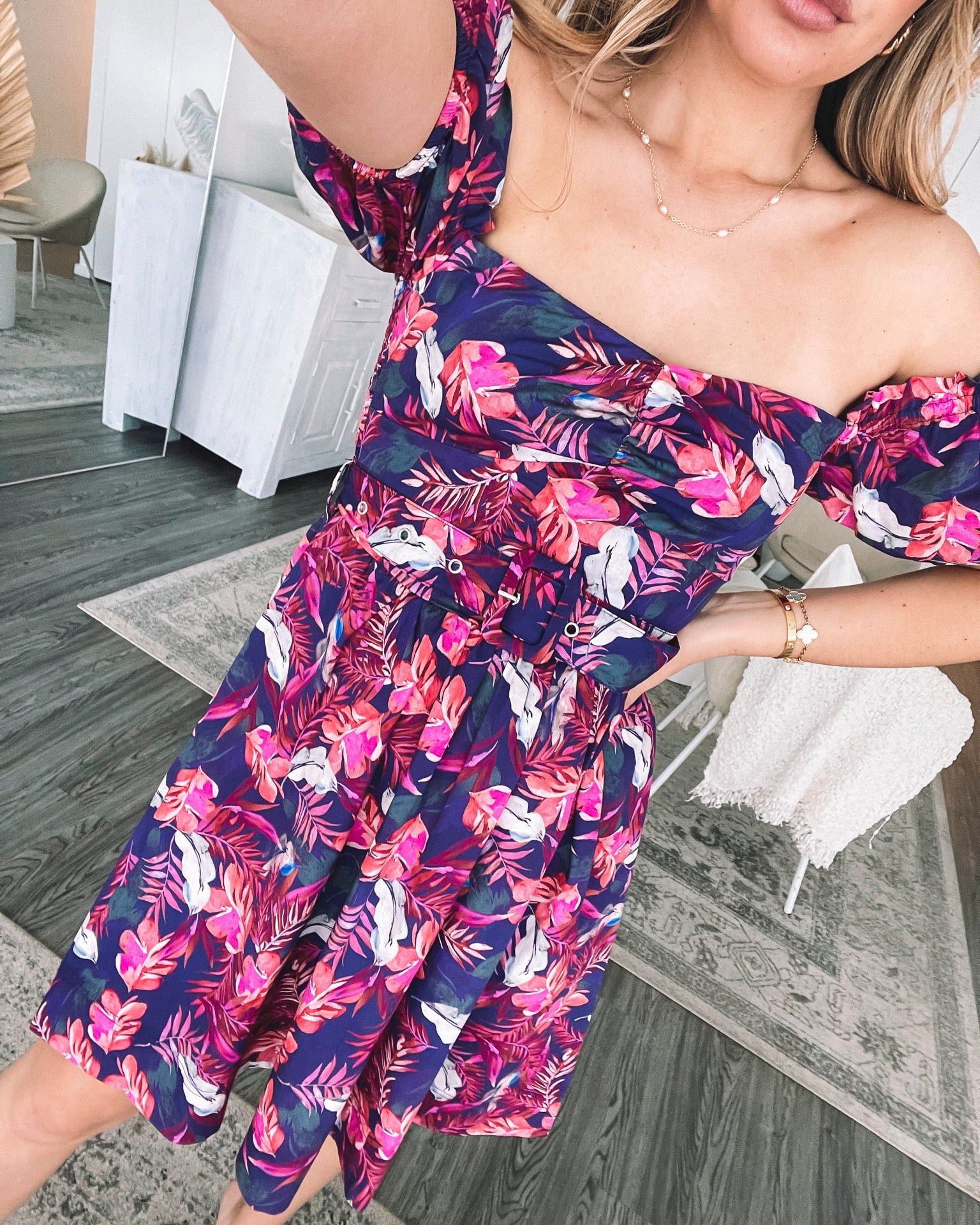 Women's purple rainforest print mini dress with short sleeves by Esther & Co