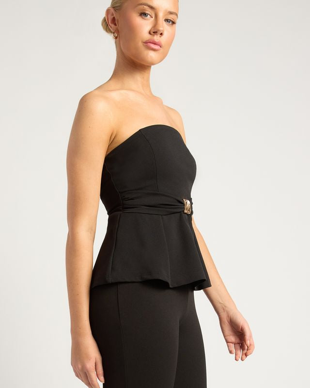 Women's black tube top with peplum silhouette side view by Esther & Co