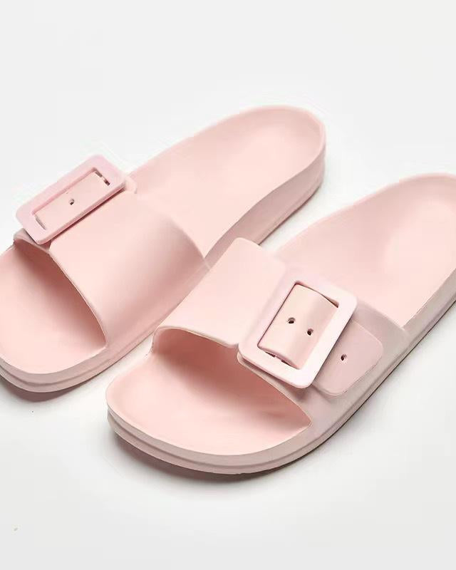 Women's open toe summer slides with thick strap upper, comfortable everyday flats by Esther & Co