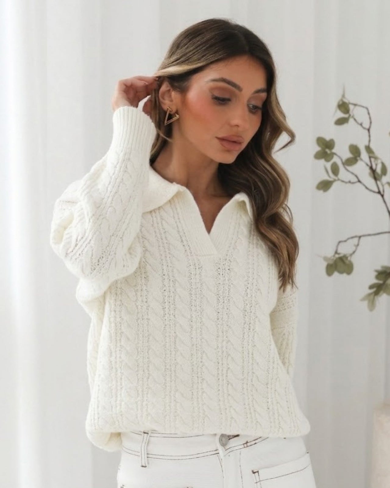 Oriah cream collared knit jumper, V-neckline detail