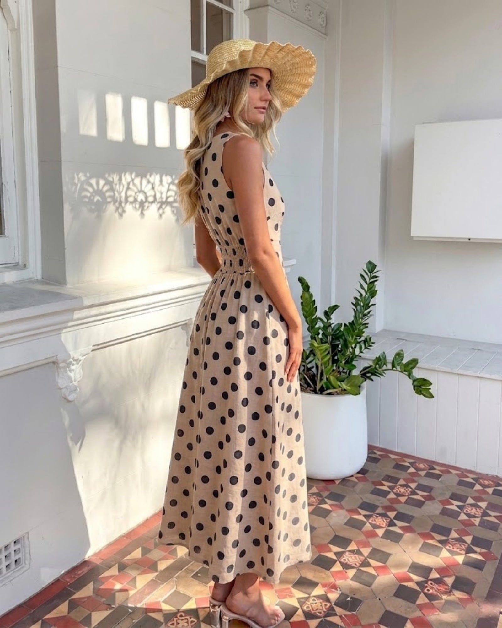 Rafiya Dress in Beige Spot womens beige spot linen midi styled outfit