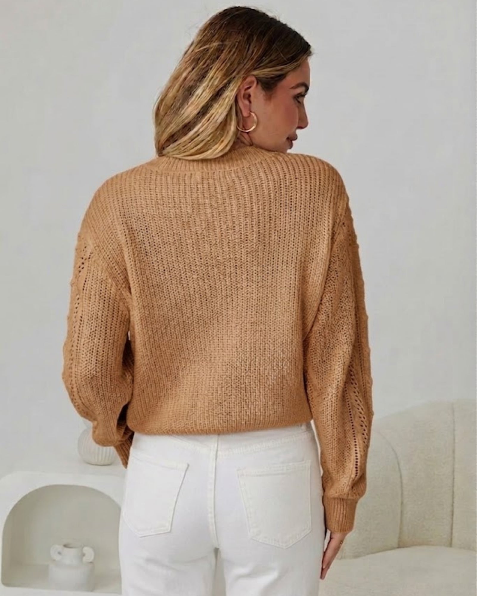 Women's textured tan winter knit jumper with ribbed cuffs by Esther & Co