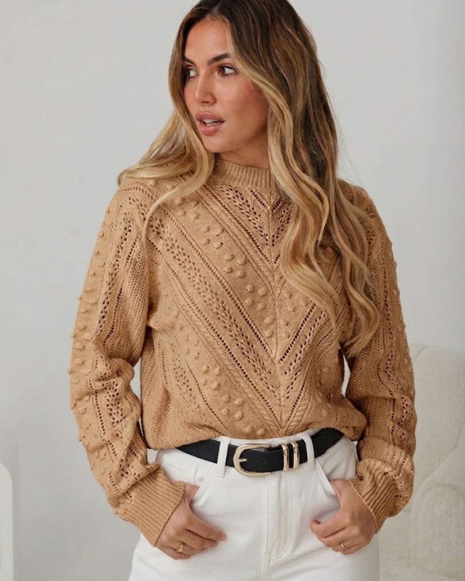 Women's tan textured knit jumper with pointelle chevron pattern and pom pom detail, the Rheane Knit in Tan by Esther & Co
