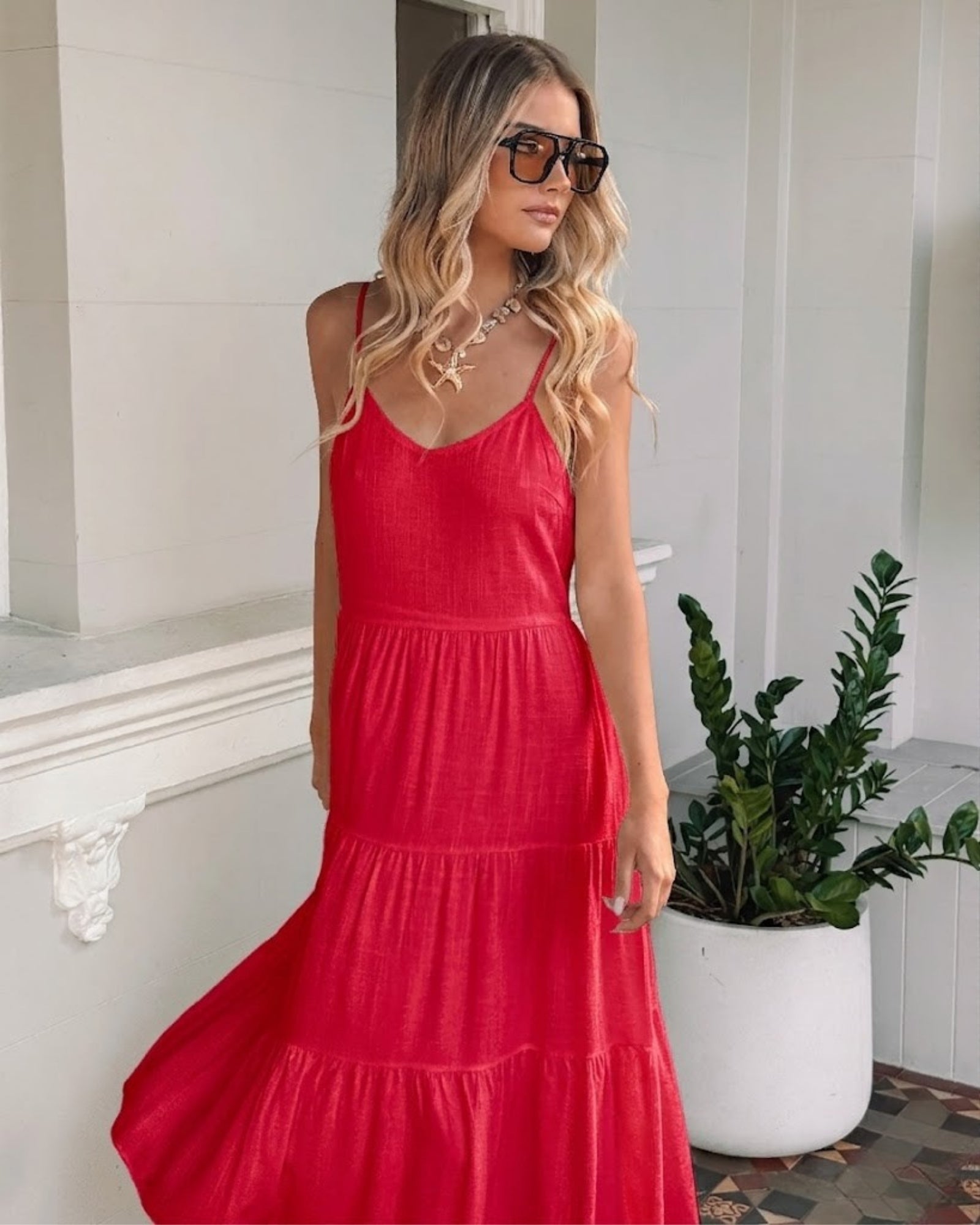 Sonya Dress in Cherry womens cherry red linen midi styled outfit