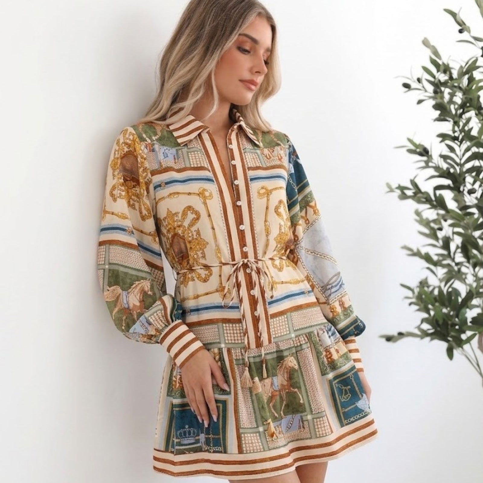 Women's vintage scarf print mini dress with drawstring waist by Esther & Co
