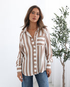 Alayah Shirt in Brown Stripe brown and white stripe women's shirt side view