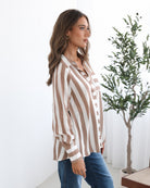 Alayah Shirt in Brown Stripe womens brown stripe button-up shirt styled outfit