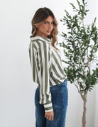 Alayah Shirt in Green Stripe green and white stripe women's shirt side view