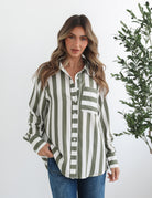 Alayah Shirt in Green Stripe green and white striped rayon shirt full length view