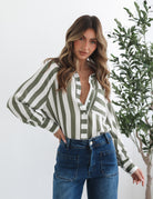 Alayah Shirt in Green Stripe womens striped button-up shirt in green and white front view