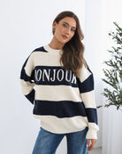 Alisson navy and cream striped slogan knit jumper, styled view