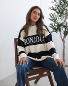 Alisson navy multi striped Bonjour slogan knit jumper, front view