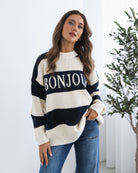 Alisson navy multi slogan knit jumper, back view