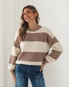 Arliss Knit in Ivory Stripe ivory cocoa stripe knit jumper full length view