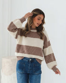 Arliss Knit in Ivory Stripe ivory and cocoa horizontal stripe knit with voluminous sleeves side view