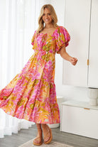 Axelle Dress in Sunset Print womens printed midi dress front view