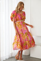 Axelle Dress in Sunset Print sunset print womens dress styled look