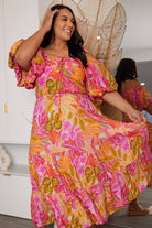 Axelle Dress in Sunset Print womens abstract print midi dress detail view