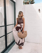 Balayage cream floral A-line maxi dress, detail view