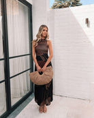 Women's black and chocolate print midi dress with boat neckline, the Balayage Dress in Black Choc by Esther & Co