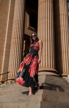 Women's black floral print maxi dress front view by Esther & Co