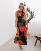 Women's black floral maxi dress with flowy skirt by Esther & Co