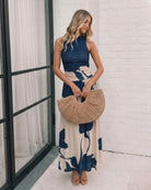 Balayage Dress in Navy Floral womens navy floral maxi styled outfit