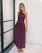 Balayage Dress in Wine womens wine halter maxi dress styled outfit