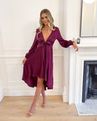 Bryleigh bordeaux satin formal midi dress, styled detail