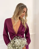 Bryleigh bordeaux satin midi dress, back view