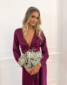 Bryleigh bordeaux formal satin dress, styled look