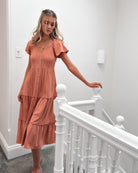 Celie Dress in Rust womens rust linen midi dress styled look