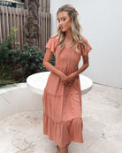 Celie Dress in Rust womens rust linen midi styled outfit