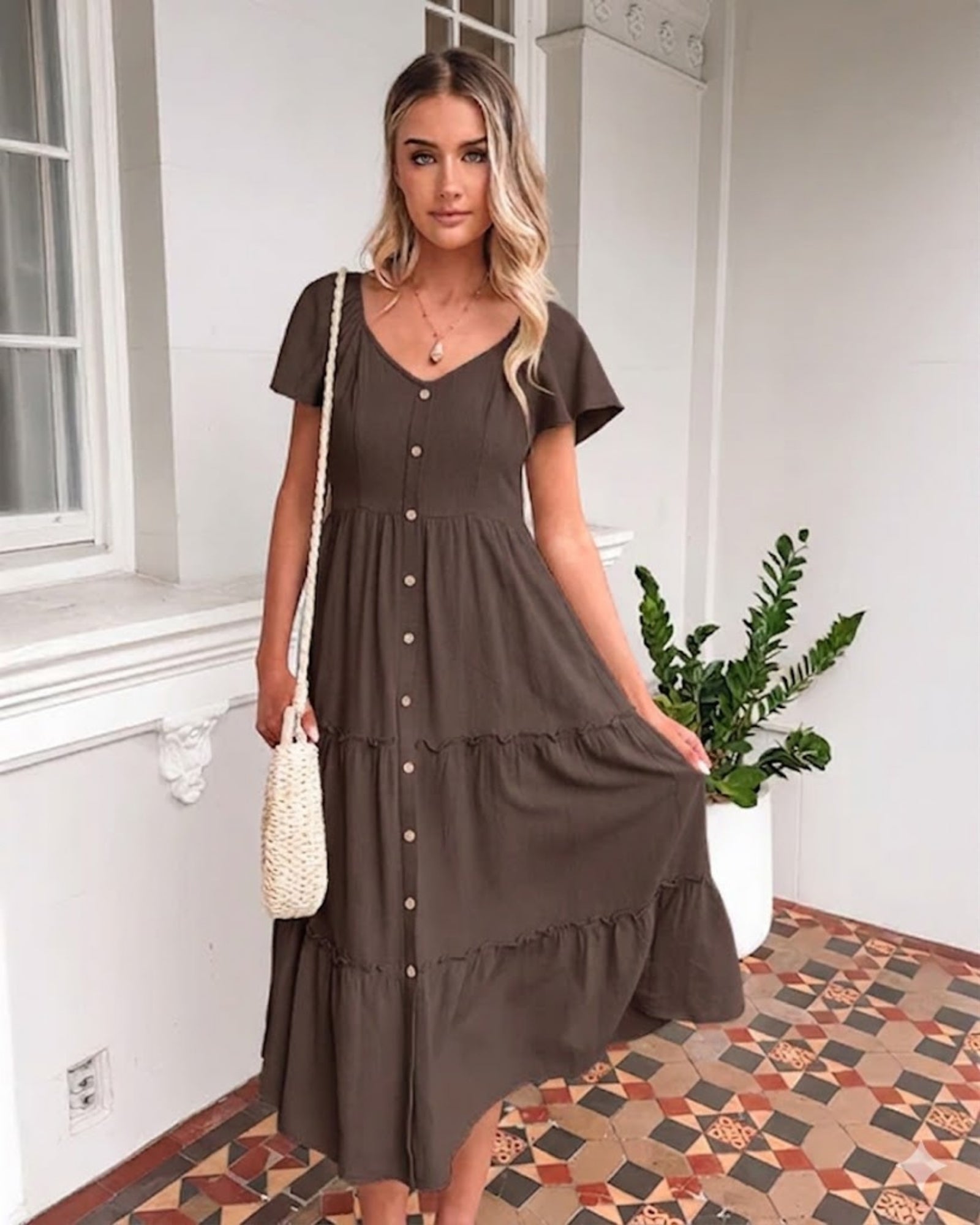 Celie Dress in Cocoa womens linen midi dress in cocoa brown front view