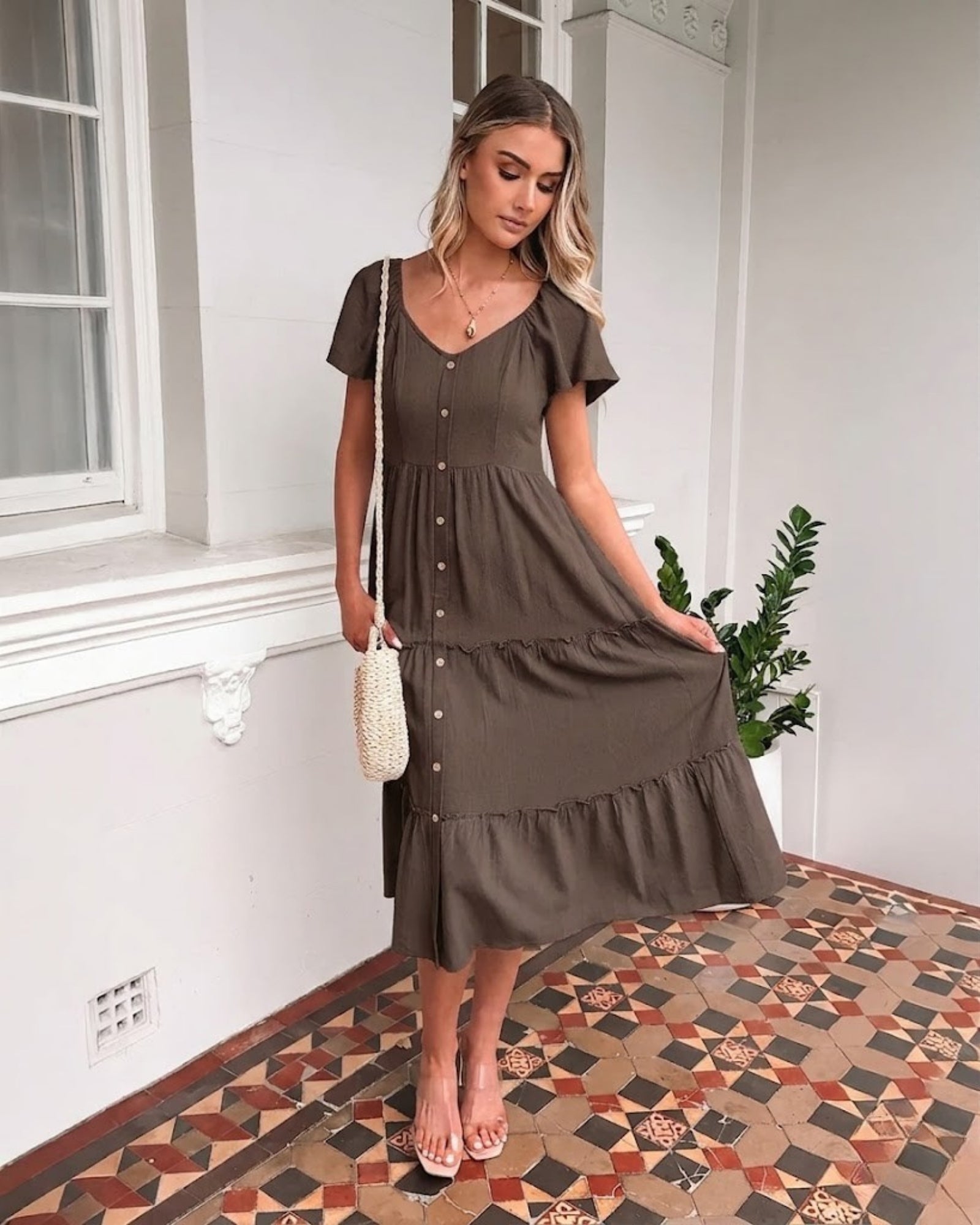 Celie Dress in Cocoa womens cocoa linen midi dress back view