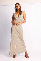 Women's brown print maxi dress full length by Esther & Co