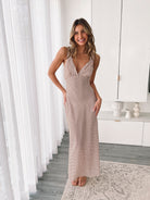 Women's brown print maxi dress with plunge sweetheart neckline, the Charlette Dress in Brown Print by Esther & Co