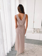 Women's brown print maxi dress with back waist tie by Esther & Co
