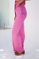 Danelle Pants in Pink womens pink satin high waisted pants close up detail