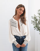 Dareia Blouse in Cream Print womens cream print blouse close up collar detail