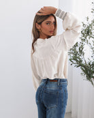 Dareia Blouse in Cream Print womens cream print blouse styled outfit