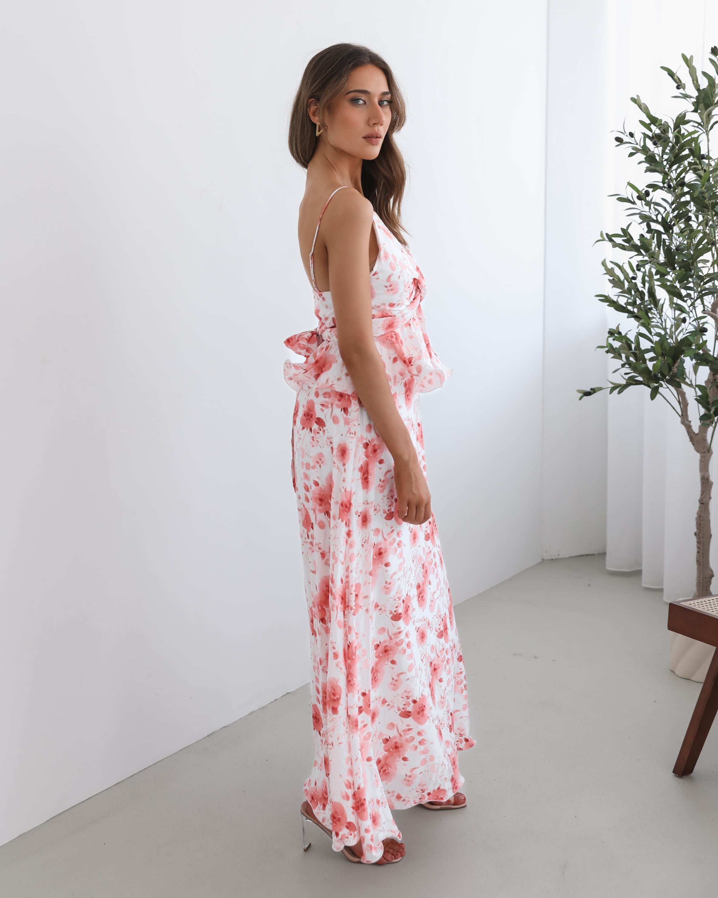 Women's white and multicoloured floral maxi dress with spaghetti straps by Esther & Co