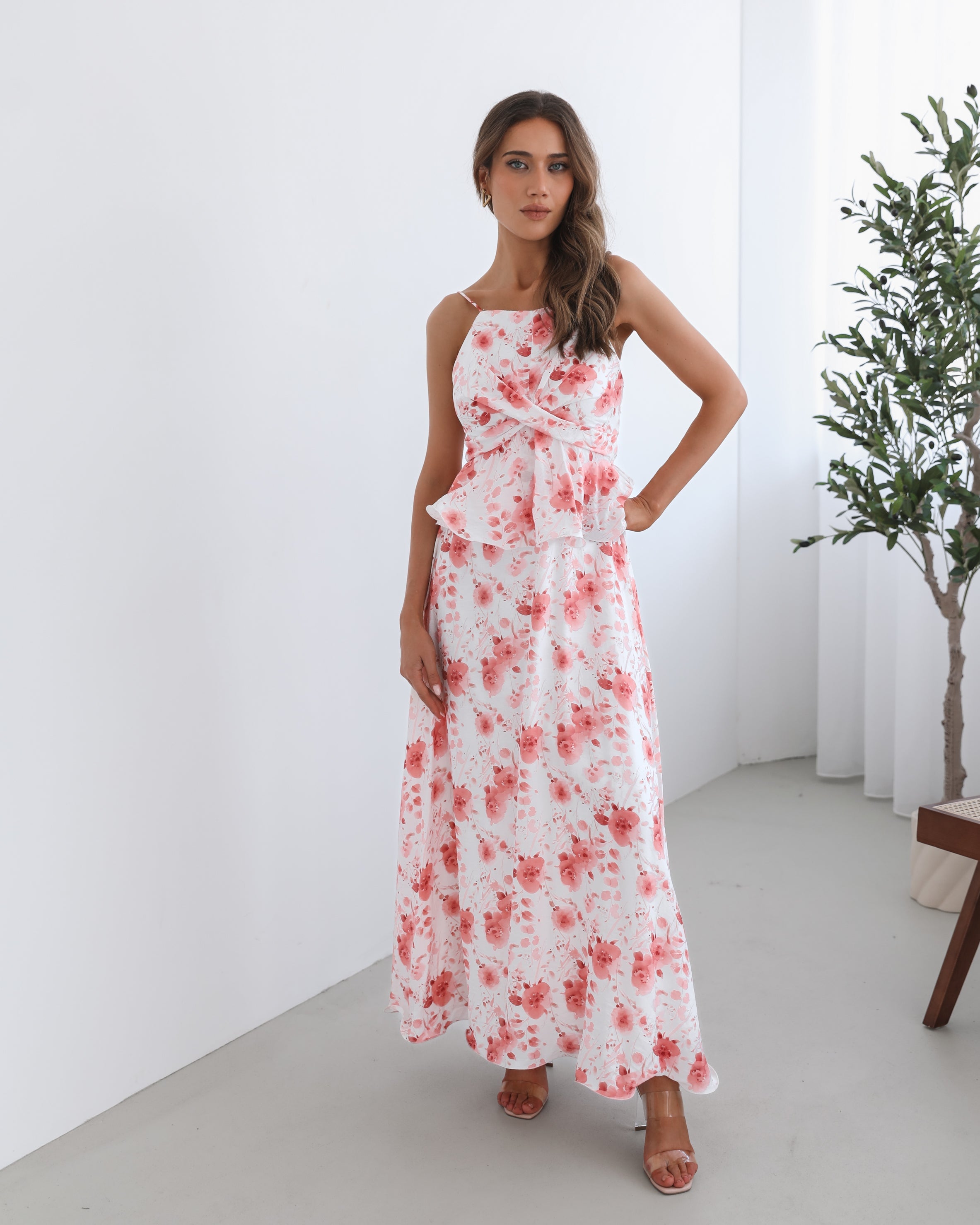 Women's white floral print maxi dress full length by Esther & Co