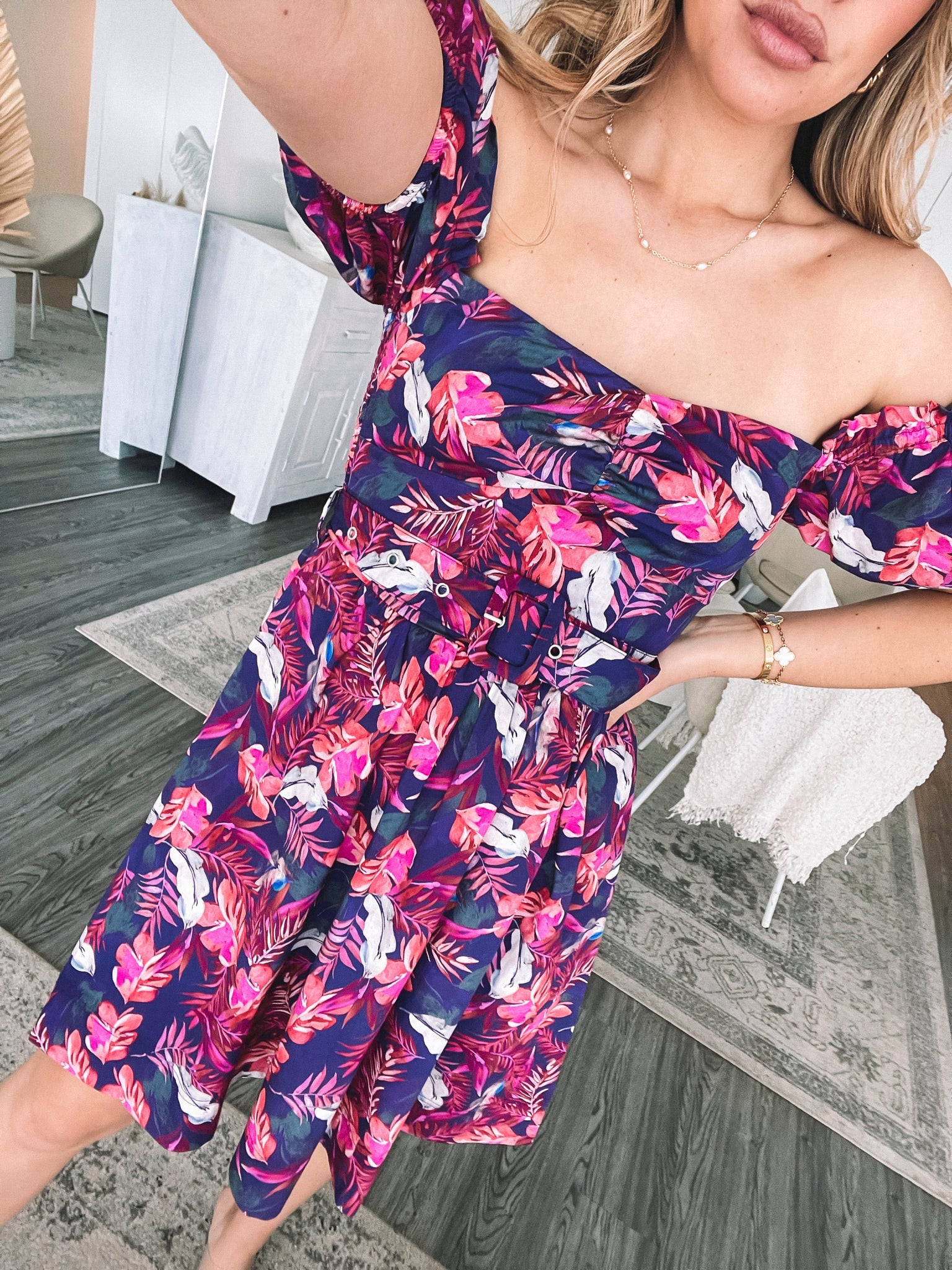 Women's purple rainforest print mini dress with short sleeves by Esther & Co