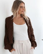Dorine Cardigan in Coffee womens coffee brown open-front knit cardigan back view