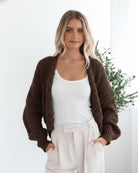 Dorine Cardigan in Coffee womens chunky knit cardigan in coffee brown front view
