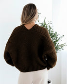 Dorine Cardigan in Coffee deep coffee brown open-front knit cardigan side view
